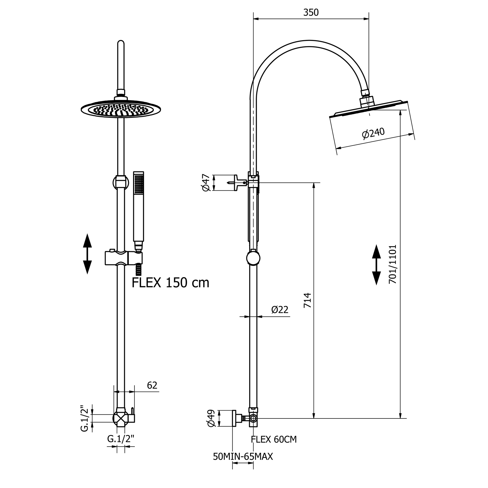 Telescopic shower column with automatic diverter, wall bracket, with shower rose and self cleaning hand shower