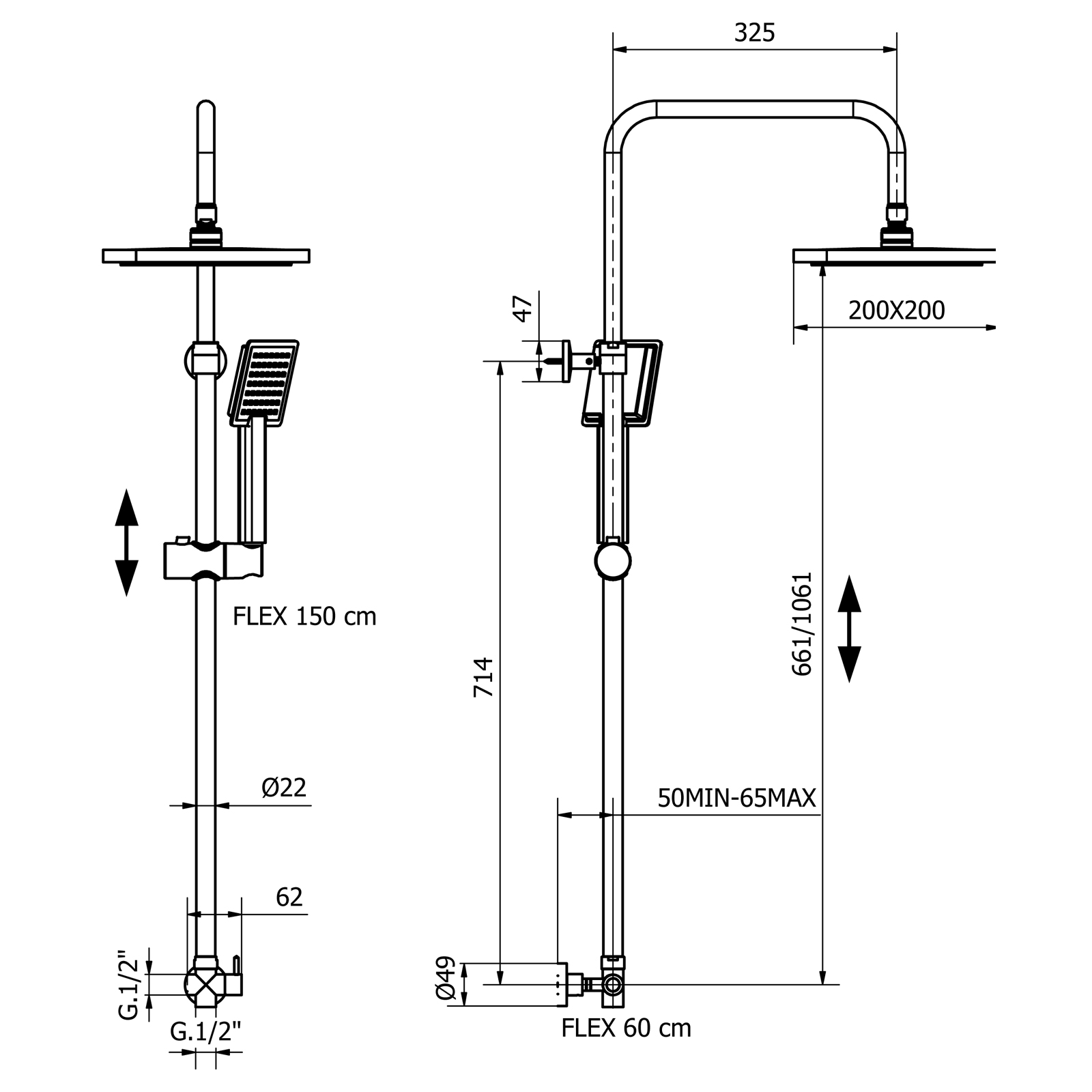Telescopic shower column with automatic diverter, wall bracket, with shower rose and self cleaning hand shower 