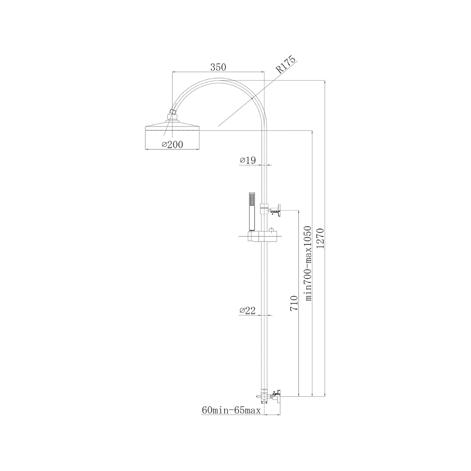 Telescopic shower column with swivel head and head shower