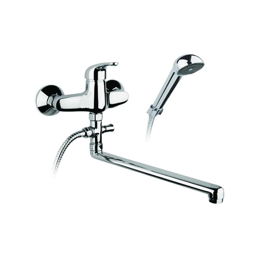 Wall-mounted mixer with swivel spout and shower kit