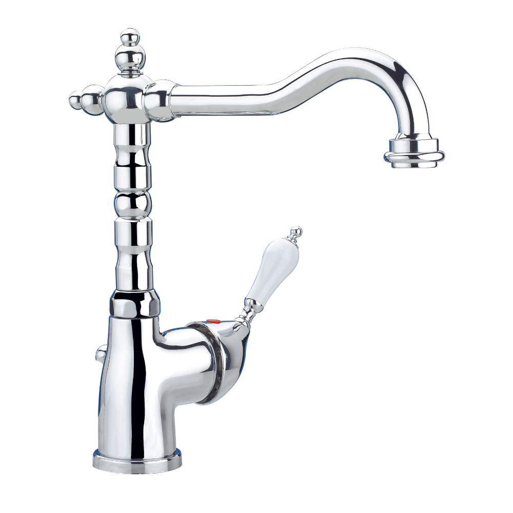 Basin mixer with side lever and antique spout