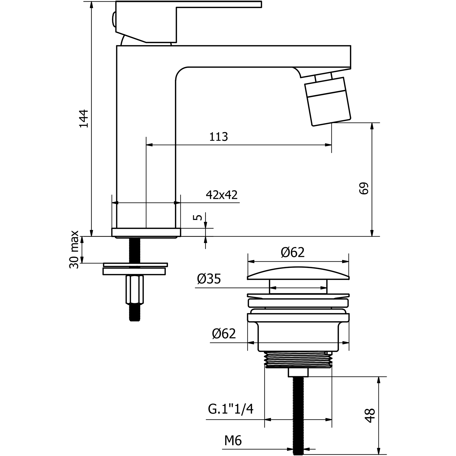 Miscelatore monocomando bidet con scarico CLICK-CLACK