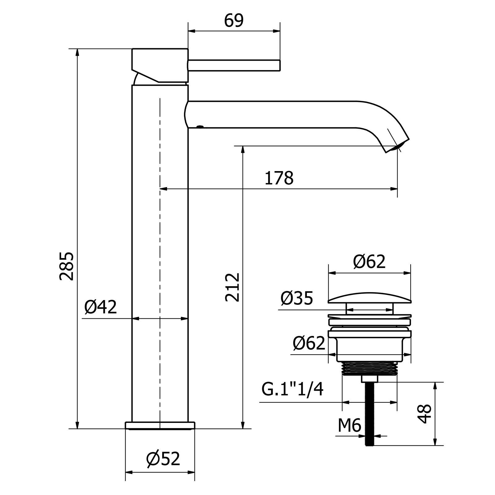 Tall single-control mixer for washbasin spout and CLICKCLACK waste