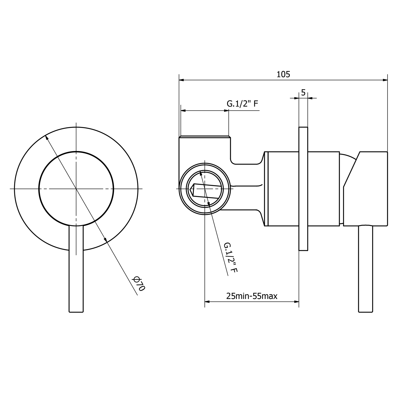 Built-in single control mixer for shower 1/2”-1/2”